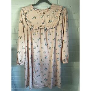 GB STYLE Vintage Pink Floral Nightgown Ruffle Collar Button Front Lingerie XS